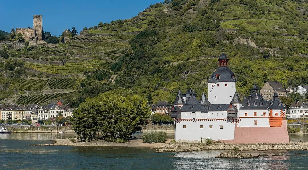 Castle Pfalzgrafenstein at Kaub on upper left side Castle Gutenfels photografed from lefthandside of Rhineriver