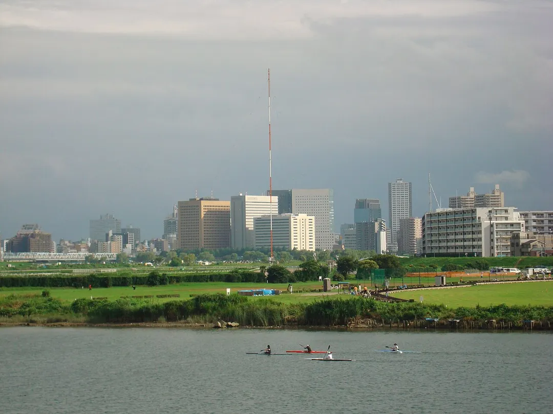 downtown of Kawasaki in Kanagawa, Japan, on the right bank of river Tama