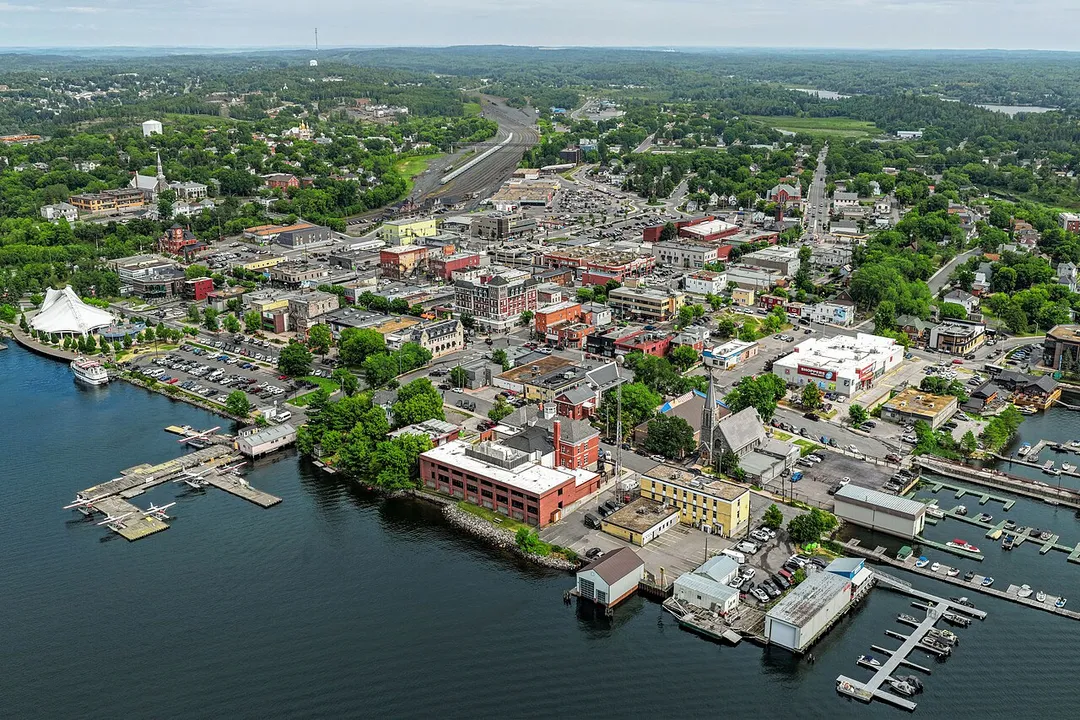 Aerial view of downtown Kenora, Ontario, a city of 14,967 residents on Lake of the Woods that developed as a railway and lumber centre and is now best known as a tourism and recreation hub.