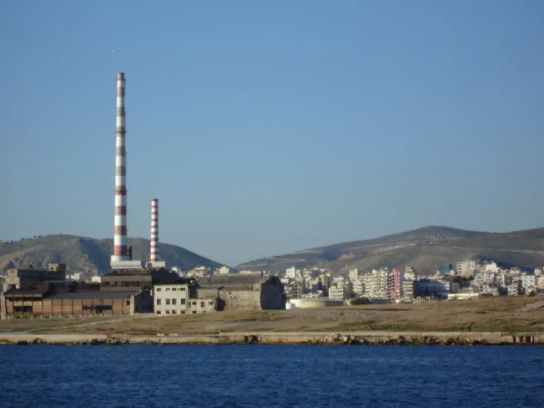 View of the chimneys of Keratsini electricity factory, in Piraeus, Greece
