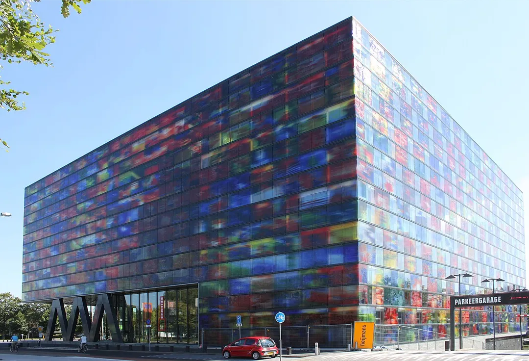 View of the north and west sides of the Netherlands Institute for Sound and Vision (Nederlands Instituut voor Beeld en Geluid) in Hilversum, the Netherlands.
