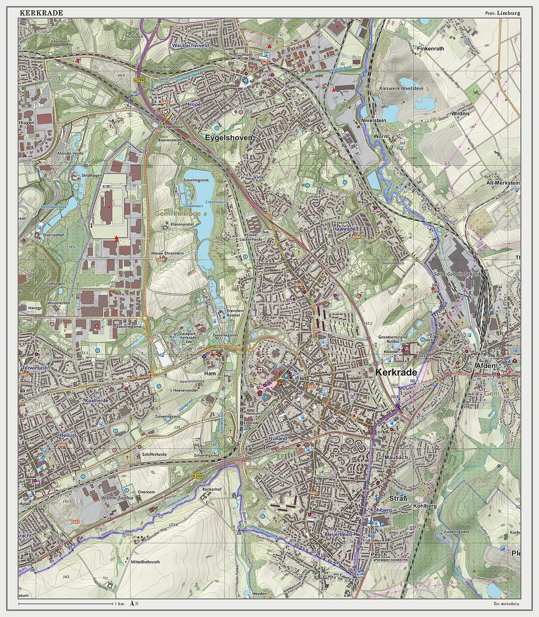 Topografische kaart van Kerkrade (woonplaats). Resolutie: 300 pixels/km.
Kaartbeeld samengesteld uit de open geodata van de Top10NL en Top25namen (Basisregistratie Topografie, Kadaster), Creative Commons BY licentie. Gebouwvlakken uit open geodata BAG extract. Wegen uit de OpenStreetMap. Reliëfschaduw uit de Actuele Hoogtekaart AHN2.

Samenstelling en kleurenschema: Jan-Willem van Aalst, met QGIS2. Zie ook de Legenda.