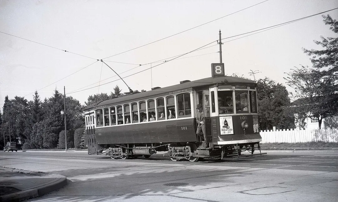 Photograph of car 101 on Granville Street, Vancouver, operating on the No. 8 Kerrisdale Line.