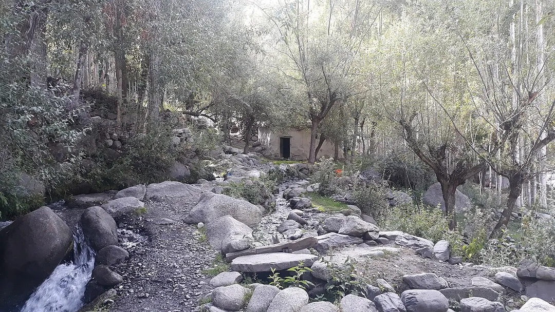 Fruit trees, stream and building near Khandud, Wakhan corridor, Afghanistan
