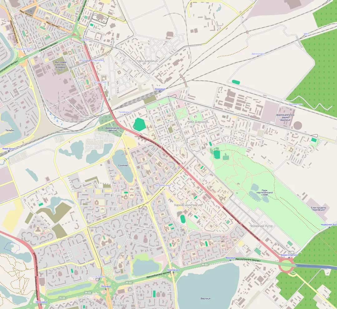 This map of Харківське шосе у Києві was created from OpenStreetMap project data, collected by the community. This map may be incomplete, and may contain errors. Don't rely solely on it for navigation.