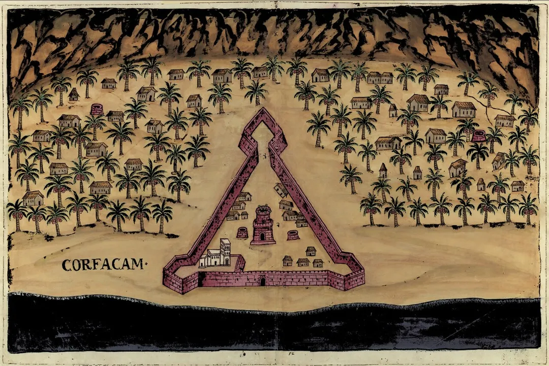 Portuguese Fortress of Khor Fakkan ( Corfacão) .
Livro das plantas de todas as fortalezas, cidades e povoaçoens do Estado da India Oriental / António Bocarro [1635].