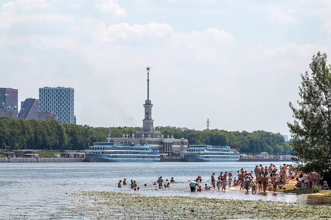 Beach on the Khimki Reservoir opposite the North River Terminal, Tushino, Moscow.