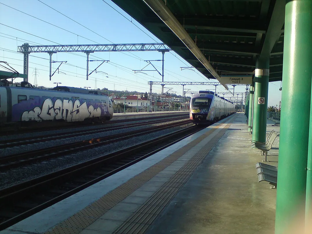 View of two Siemens Desiro (OSE class 660) trains at Kiato suburban railway station in Greece