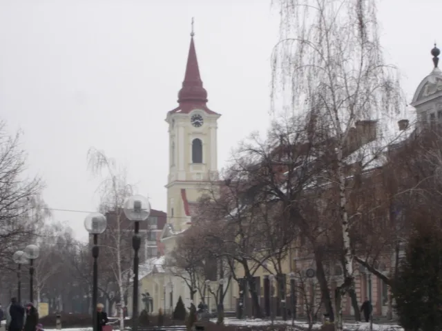 Main Street and Catholic church in Kikinda /Vojvodina /Serbia.
