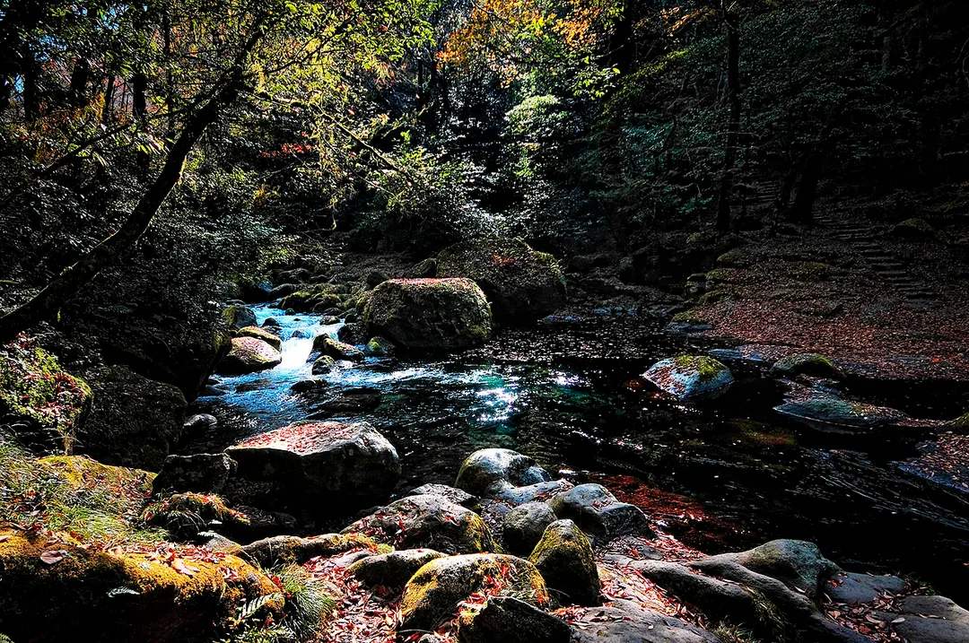 Fresh water flows into a ravine surrounded by woodlands. 
Waters spill from the top of Mt. Asogairin-zan.
Kikuchi Valley  was named after the Kikuchi baronial family, which was prosperous from the late 12th century to the late 14th century, and developed as a castle town with farming and forestry as the main industries. The cool water originating in the subsoil water from Mt. Asogairin-zan has been designated as one of 100 best waters in Japan. Slideshow on Japan

pp: 'Topaz Adjust' plug-in, blending with "Soft light" and saturation up 15%