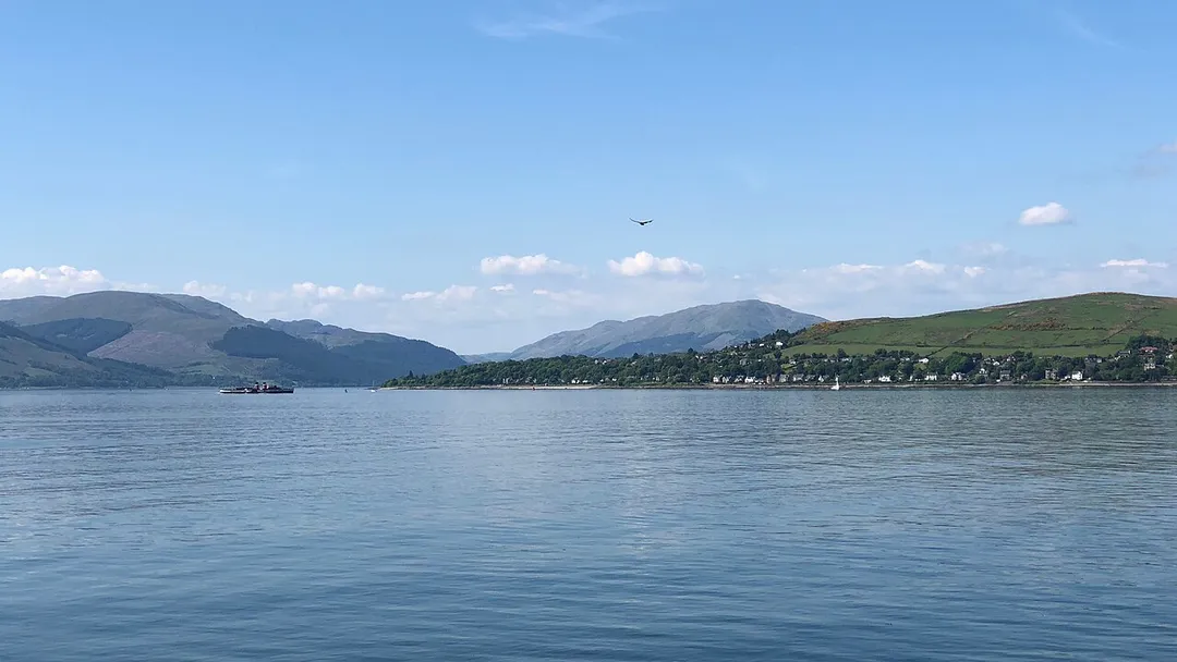 The Firth of Clyde at Kilcreggan, with Waverley passing Loch Long
