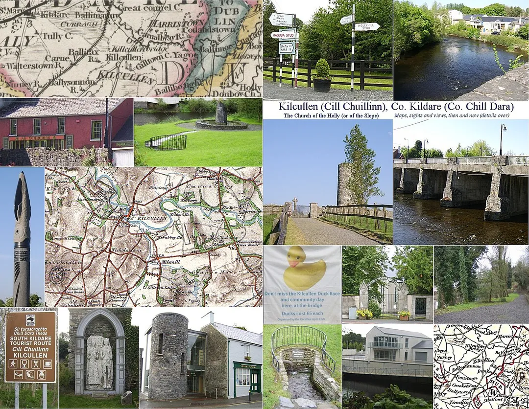 Postcard of Kilcullen, Co. Kildare, Ireland - 18th century map, roadsigns, R. Liffey, charity cafe and bookshop, memorial in community park, Irish round tower at site of old walled town, Kilcullen bridge, memorial of Dun Ailinne, 19th century map, Portlester Monument and other local scenes.