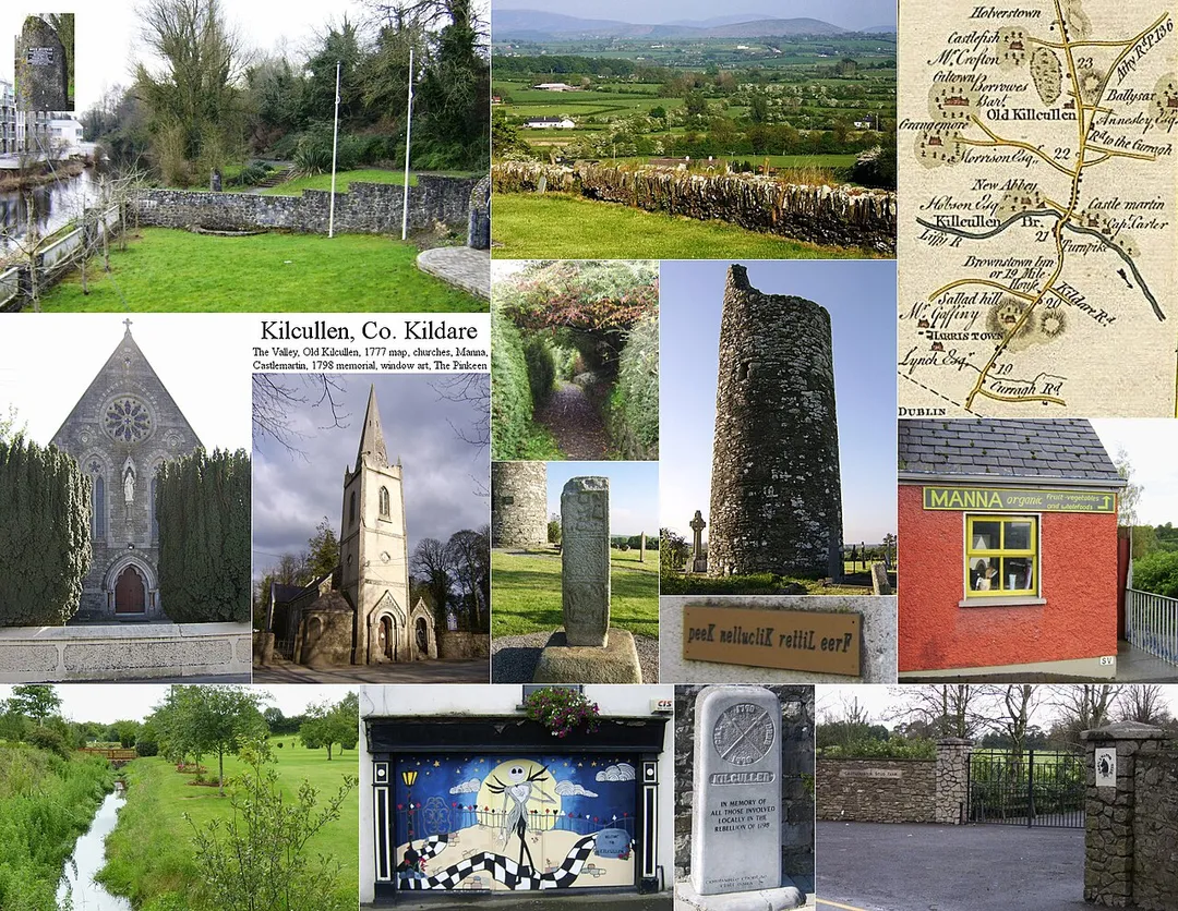 Postcard of Kilcullen (officially Kilcullen Bridge), Co. Kildare, Ireland, with images of The Valley Community Park and R. Liffey, a view from Old Kilcullen, the relevant part of Ireland's first set of road maps, one each of the local Roman Catholic and Church of Ireland churches, a remnant of a High Cross, and the ruins of the Round Tower at Old Kilcullen, the Pinkeen Stream, the 1798 memorial near the town bridge, the gates of Castlemartin Stud, and other local scenes.