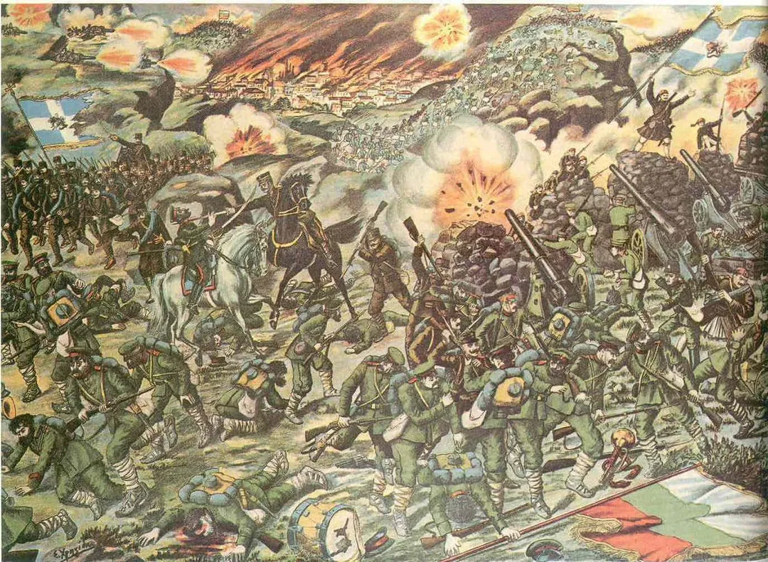 Greek lithography of the battle of Kilkis (Second Balkan War), 1913.