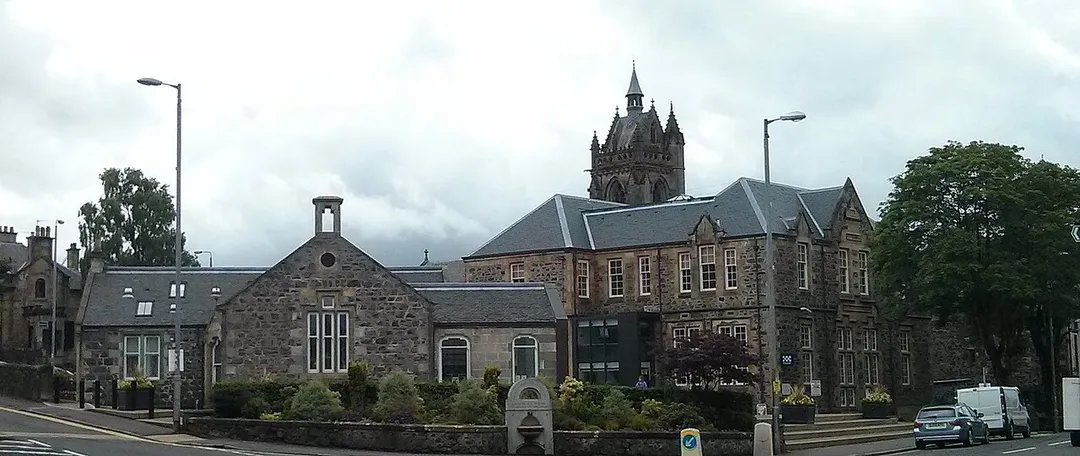 Kilmacolm from the cross, Inverclyde, UK. Buildings in the foreground: Kilmacolm Library and the Cargill Centre, with St Columba's Church in the background