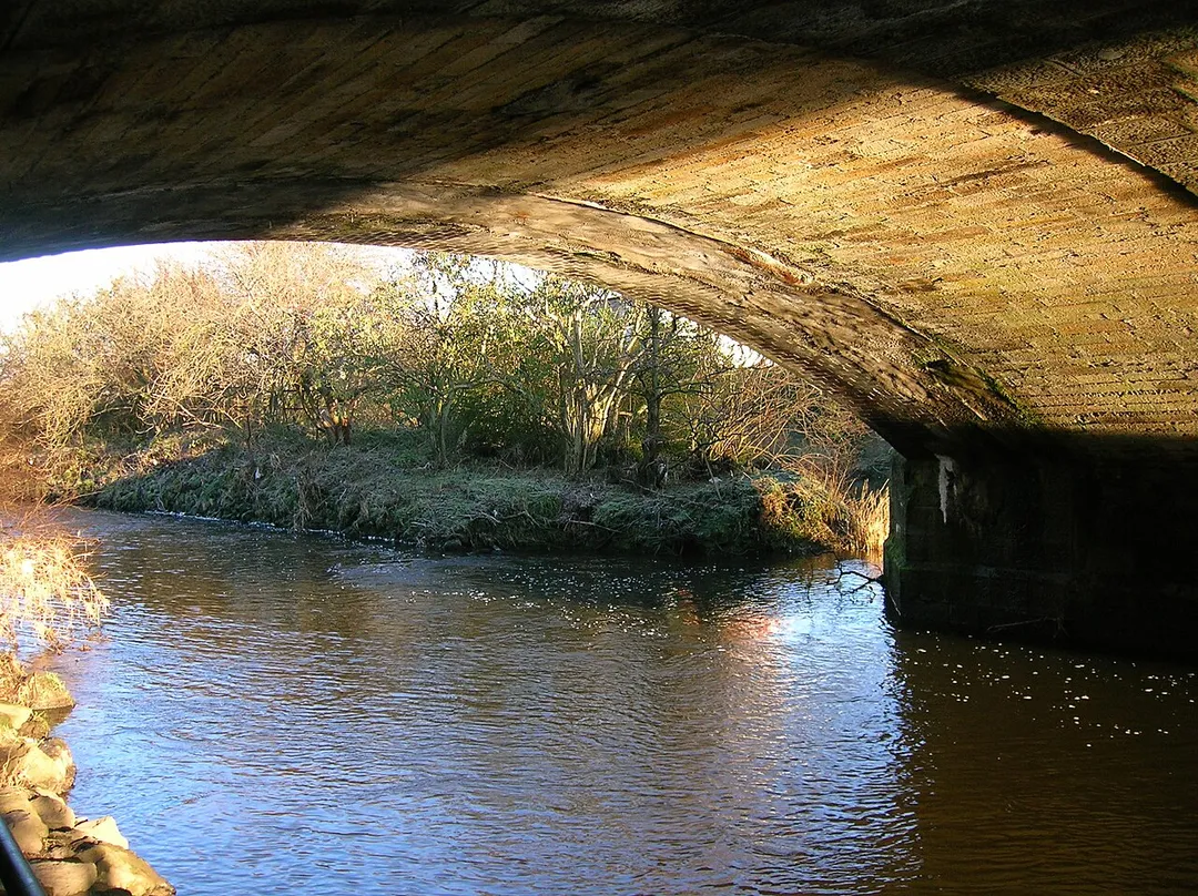 Kilwinning Bridge showing widening work and the Islet in the River Garnock, North Ayrshire, Scotland