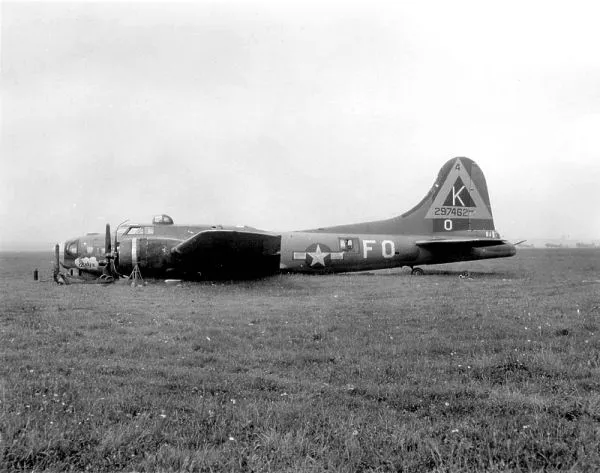 B-17G Serial 42-97462 of the 379th Bomb Group, crash landed after mission. This aircraft was repaired and returned to combat duty.
