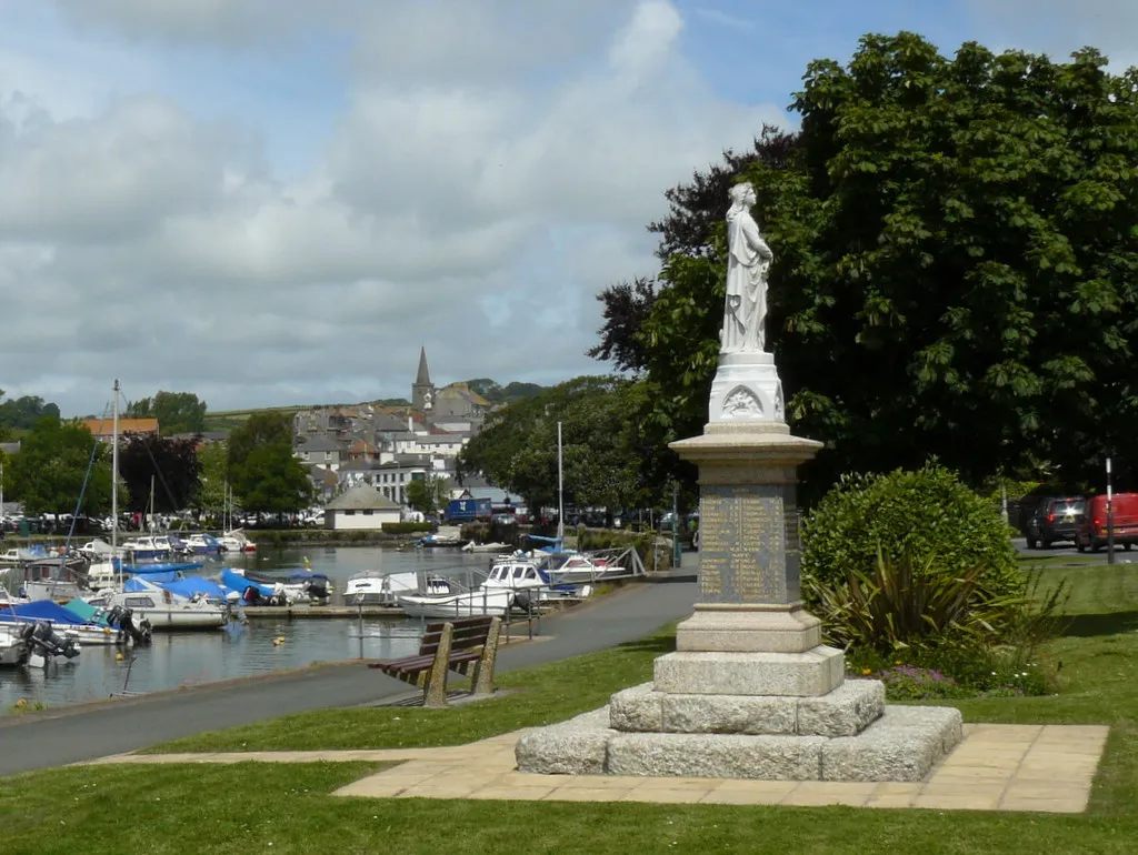 View of Kingsbridge, Devon over the estuary with the war memorial in the foreground