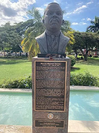 A bust of Marcus Garvey in Emancipation Park