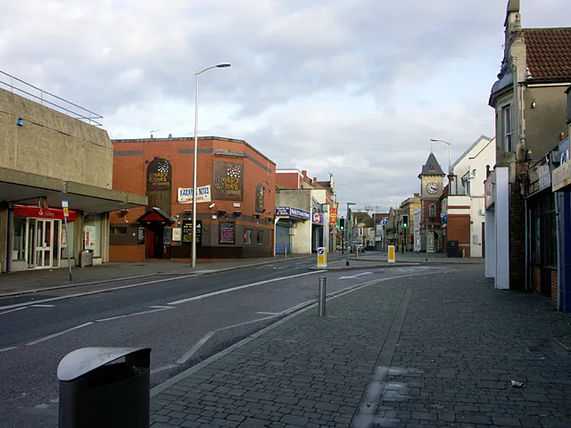 Regent Street Kingswood, looking east past the clock. In Regent Street (on the A420) in Kingswood. Looking east past Kingswood's
elegant clock tower while standing on the opposite side of the road from
the King's Chase Shopping Centre. The right-turn in the foreground is into

Moravian Road.