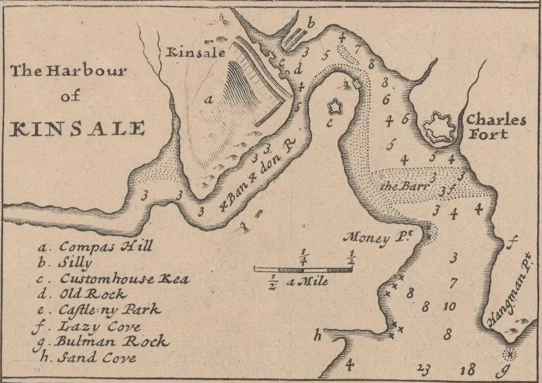 A detail map of Kinsale c. 1714 from Moll's "A New Map of Ireland Divided into Its Provinces, Counties and Baronies...", sold separately or as part of The World Described... as p. 19.

Notes: Printed for H. Moll over against Devereux Court in ye Strand, I. Bowles at the Black Horse in Cornhill, P. Overton Map &amp; Printseller near St. Dunstans Church Fleetstreet, and T. Bowles Print &amp; Mapseller next to the Chapter house in St. Pauls Church Yard. And by I. King Map and Printseller at the Globe in the Poultry.