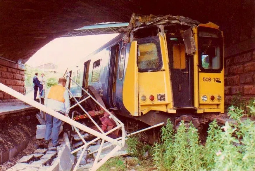 The aftermath of a train crash at Kirkby railway station in 1987. A 508 unit following buffer overrun.