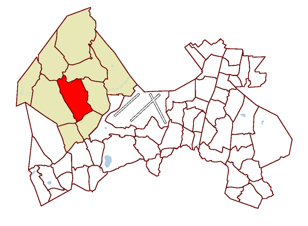 District of Kivistö (marked red), within Martinlaakso service area (marked light brown) in Vantaa, Finland