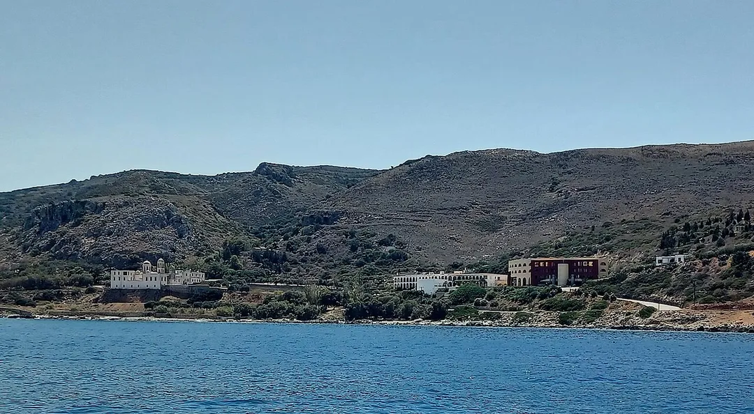 Sea view Gonia Monastery and Orthodox Academy of Crete, Kolymvari, Platanias, Crete, Greece.