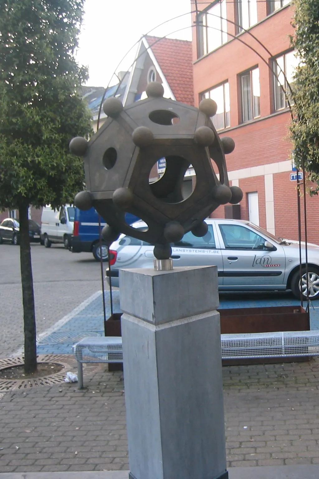 Photograph taken of the statue 'Dodecaëder' in Tongeren (Sculptural duplication of mysterious "Roman dodecahedron" artefacts)