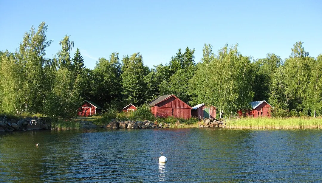 Boathouses at a distance in Grönvik village of Korsholm, Finland.