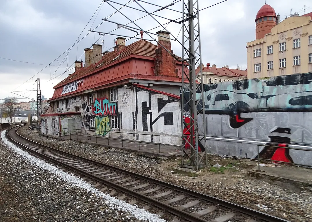 Prague-Vinohrady, Czechia, former train station Praha-Vinohrady, seen from the train.