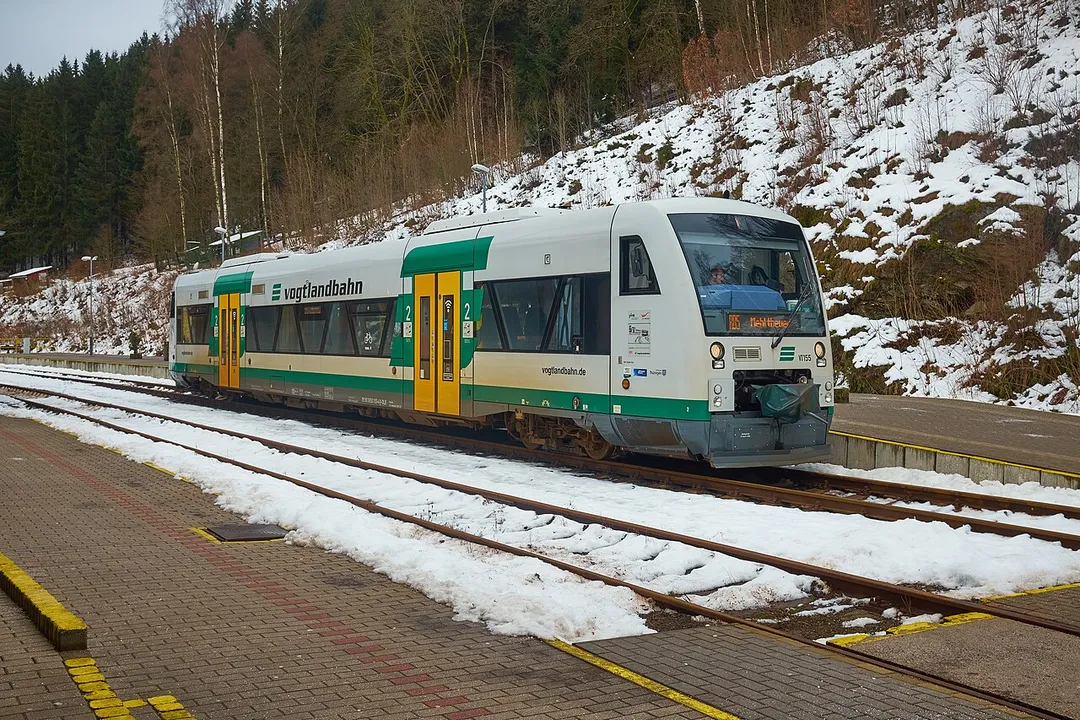 Railcars of the Regioshuttle type of the railway company »Vogtlandbahn« at the railway station Kraslice, Sokolov district