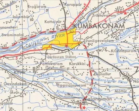 A map of w:Kumbakonam municipality and surrounding areas