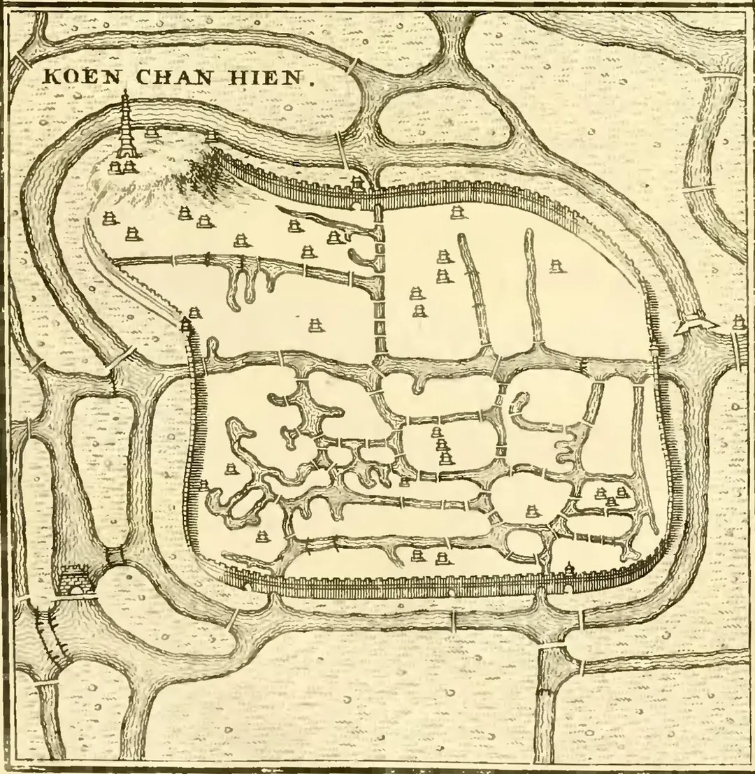 "Towns of the Province of Jiangnan". Maps of Nanjing (南京), Suzhoufu (蘇州府), Kunshanxian (崑山縣), and Cixixian (慈谿縣) in Zhejiang, from La Haye's edition of Du Halde's Description of China, Vol. I, p. 149.