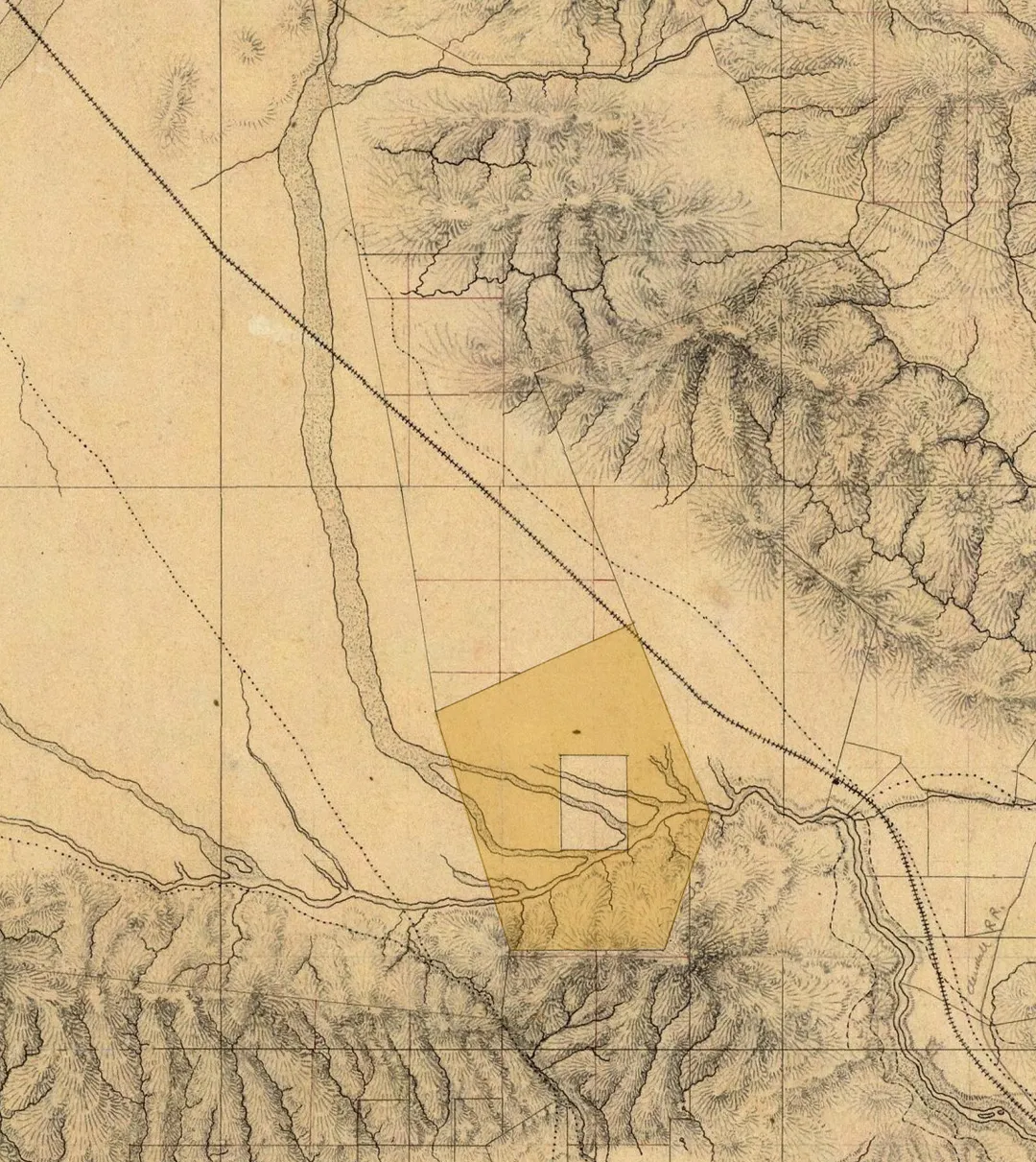 Detail of the southeastern San Fernando Valley, from a manuscript map of Los Angeles and San Bernardino topography, 1880, by William Hammond Hall, Office of the State Engineer, California.
The map shows the Rancho Cahuenga inholding within Rancho Providencia (tinted area) — in the present day city of Burbank and the Toluca Lake neighborhood.