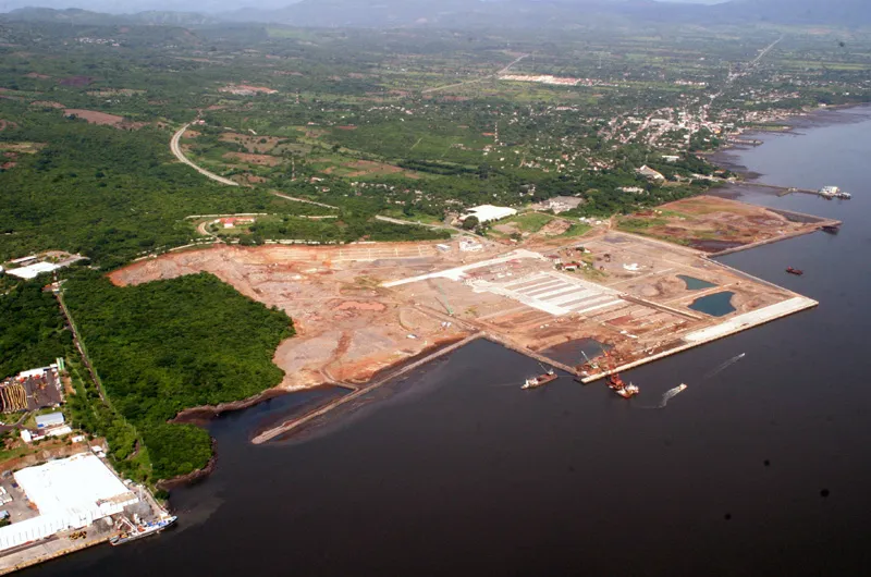 Aerial view of the construction site of the new Port of La Unión, El Salvador