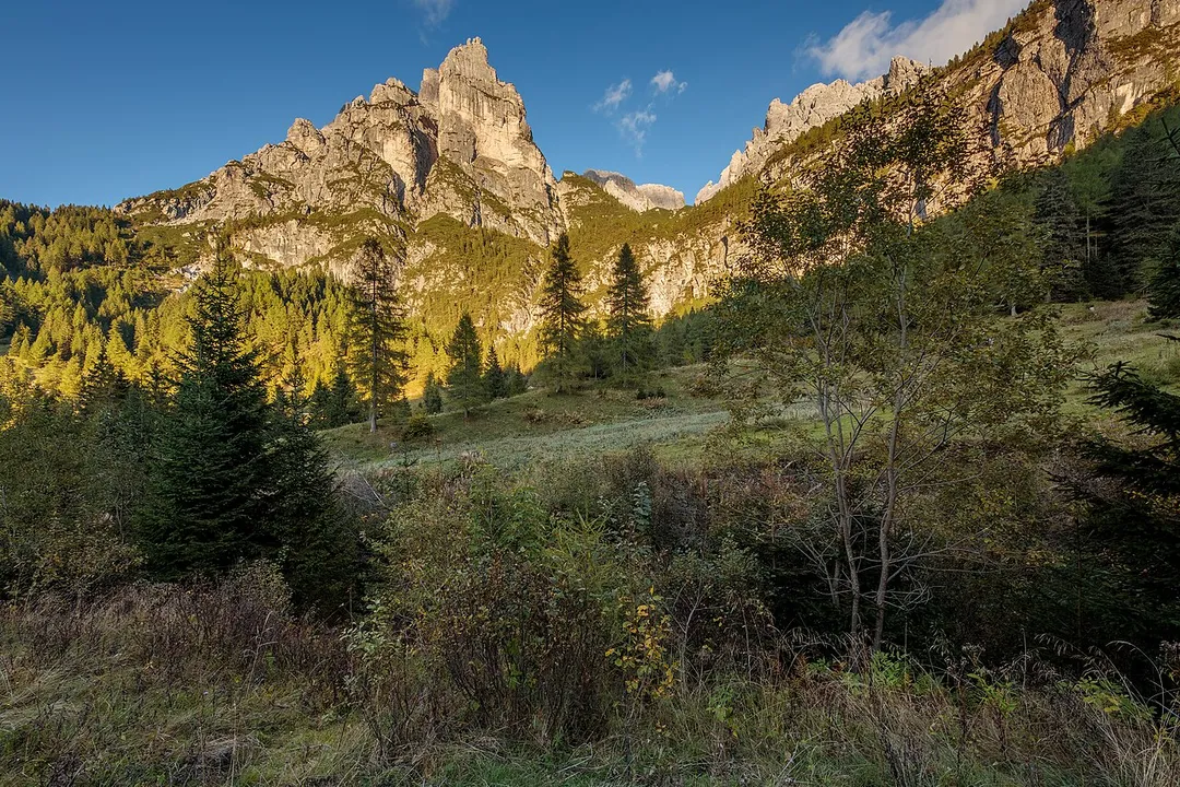Landscape under Torre di Caleda, La Valle Agordina, Veneto, Italy in 2025 September. The mountain on the right is Tamer Davanti.