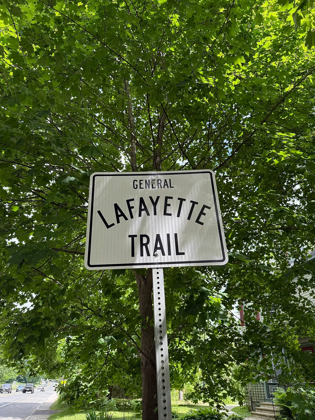 Sign for the General Lafayette Trail on Route 8 at the town line between Pittsfield, MA and Dalton, MA