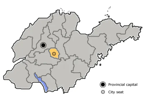 The prefecture-level city of Laiwu is highlighted on this map of Shandong province, People's Republic of China.