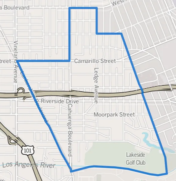 Map showing boundaries of the Toluca Lake district of Los Angeles, in the southeastern San Fernando Valley, California.
as by the Los Angeles Times.