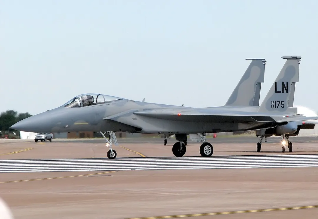 F-15C Eagle (identifier 86-0175/LN), of the United States Air Force, taxis for takeoff at the Royal International Air Tattoo, RAF Fairford, Gloucestershire, England.