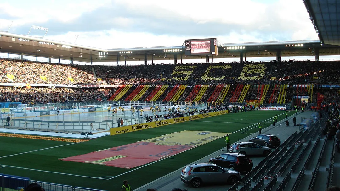 Icehockey game in front of 30.000 people between the SCL Tigers and SC Bern inside the Stade de Suisse, Wankdorf Bern.