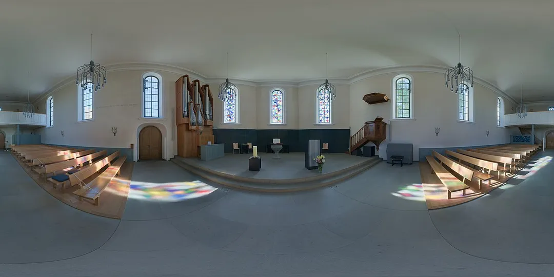 Spherical panoramic of the interior of the protestant church in Langnau am Albis, Switzerland (Reformierte Kirche Langnau).  This panorama was fused from three exposure layers.