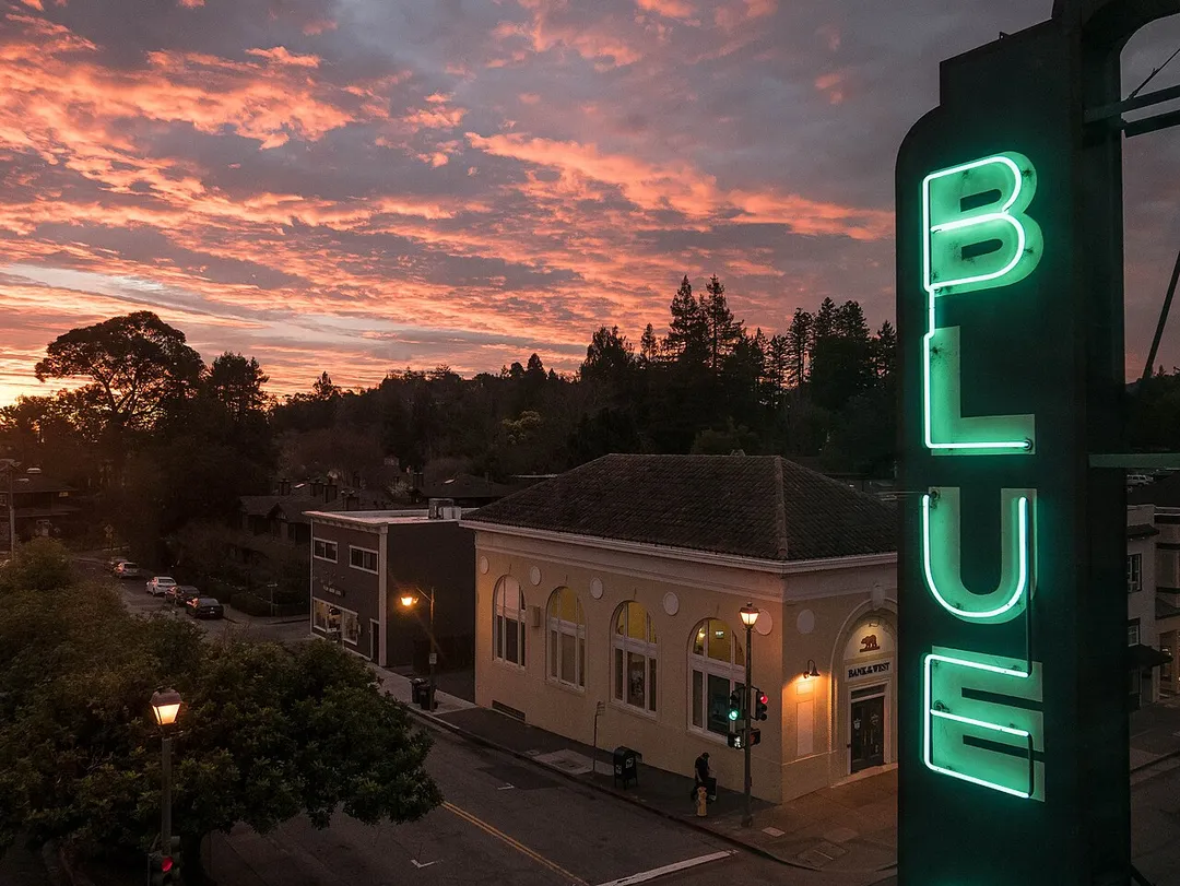 Blue Rock Inn sign at sunrise in downtown Larkspur, California.