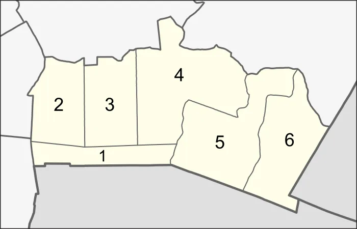 Map of the district (khet) of Lat Krabang, Bangkok, Thailand, with the subdistricts (khwaeng) numbered.
Lat Krabang
Khlong Song Ton Nun
Khlong Sam Prawet
Lam Pla Thio
Thap Yao
Khum Thong
