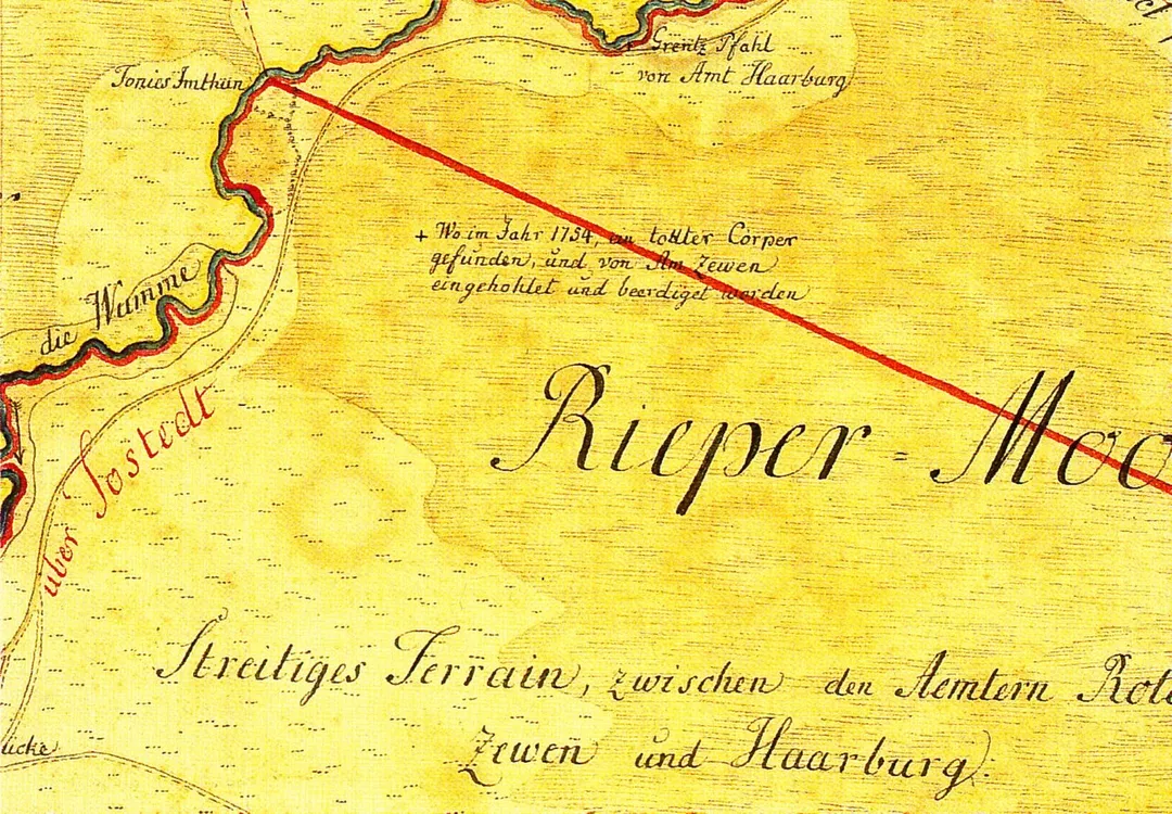 Detail of topographic map Lauenbrück No. 29 of Kurhannoversche Landesaufnahme with notice of the find of the Rieper Moor  bog body of 1754.