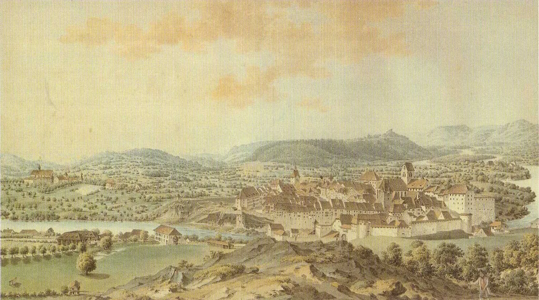 The town of Brugg around 1810, Aquatint by Johann Wilhelm Heim