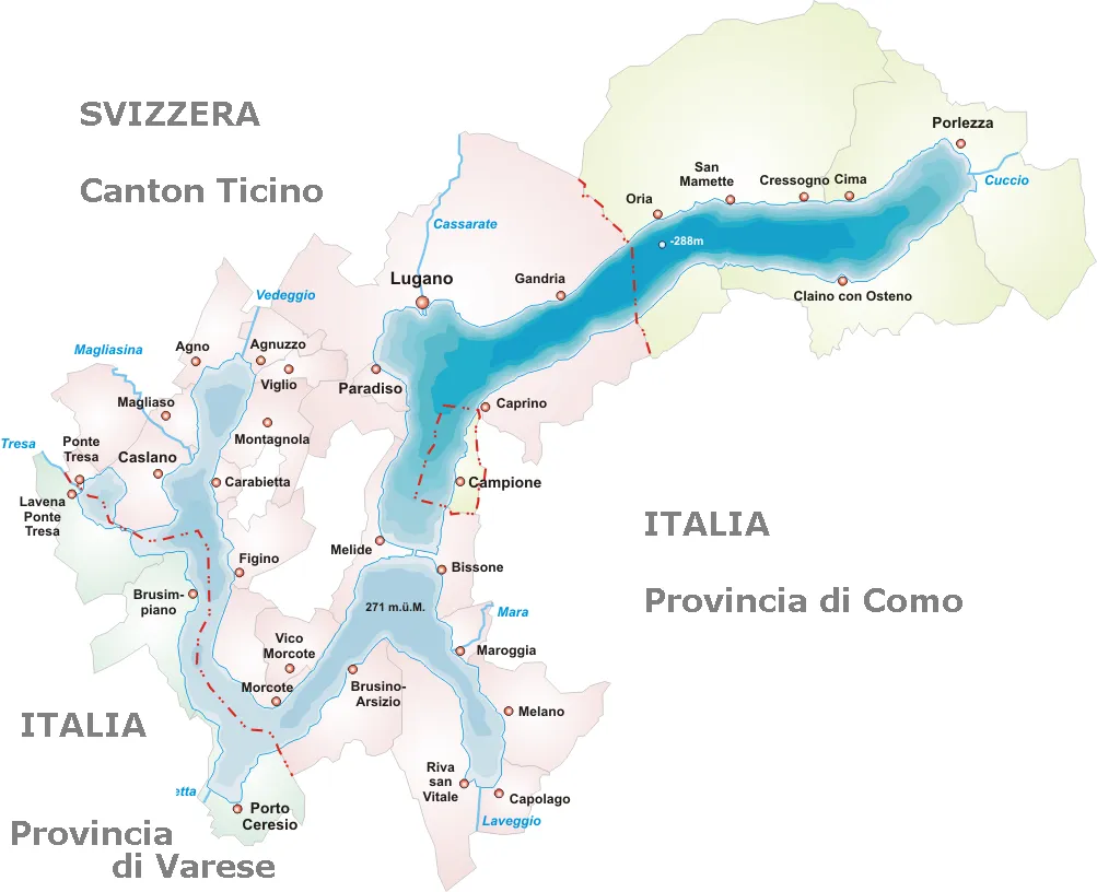 Lake Lugano map with place names in Italian.