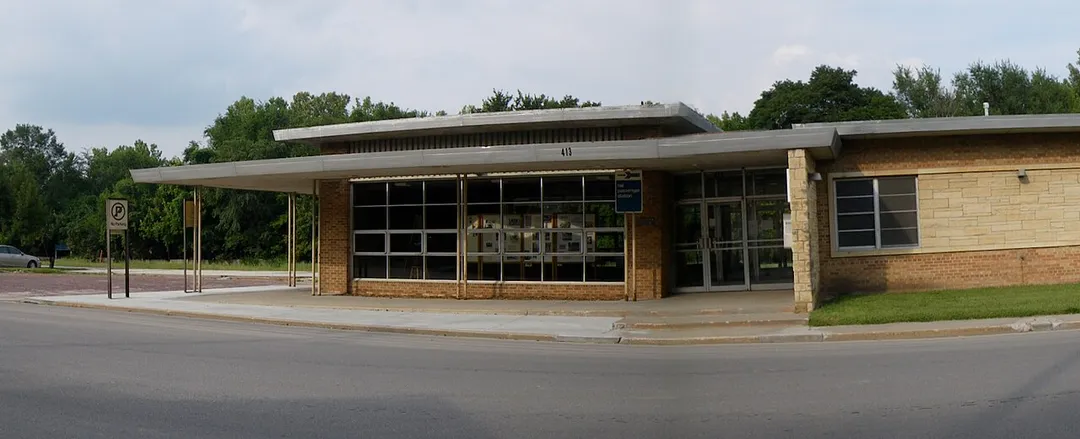 Exterior of the Lawrence Amtrak Station (Santa Fe depot) in Lawrence, Kansas facing northeast.