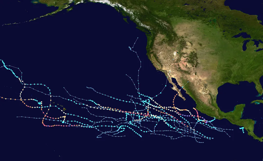 This map shows the tracks of all tropical cyclones in the 2026 Pacific hurricane season. The points show the location of each storm at 6-hour intervals. The colour represents the storm's maximum sustained wind speeds as classified in the Saffir-Simpson Hurricane Scale (see below), and the shape of the data points represent the type of the storm.